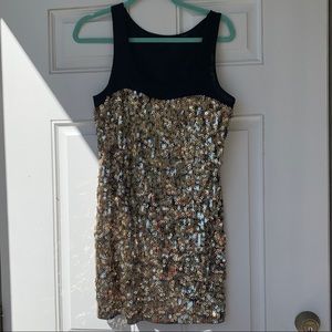 EUC EXPRESS Gold Sequin Dress with Sheer Black Neckline
